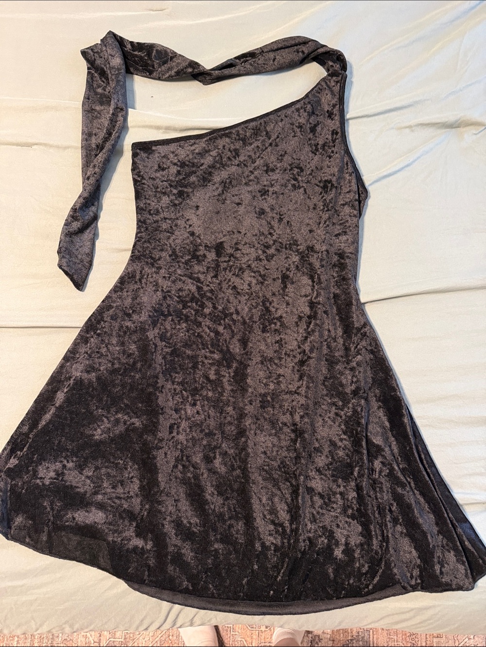 Velvet One-Shoulder A-Line Dress - Charcoal
